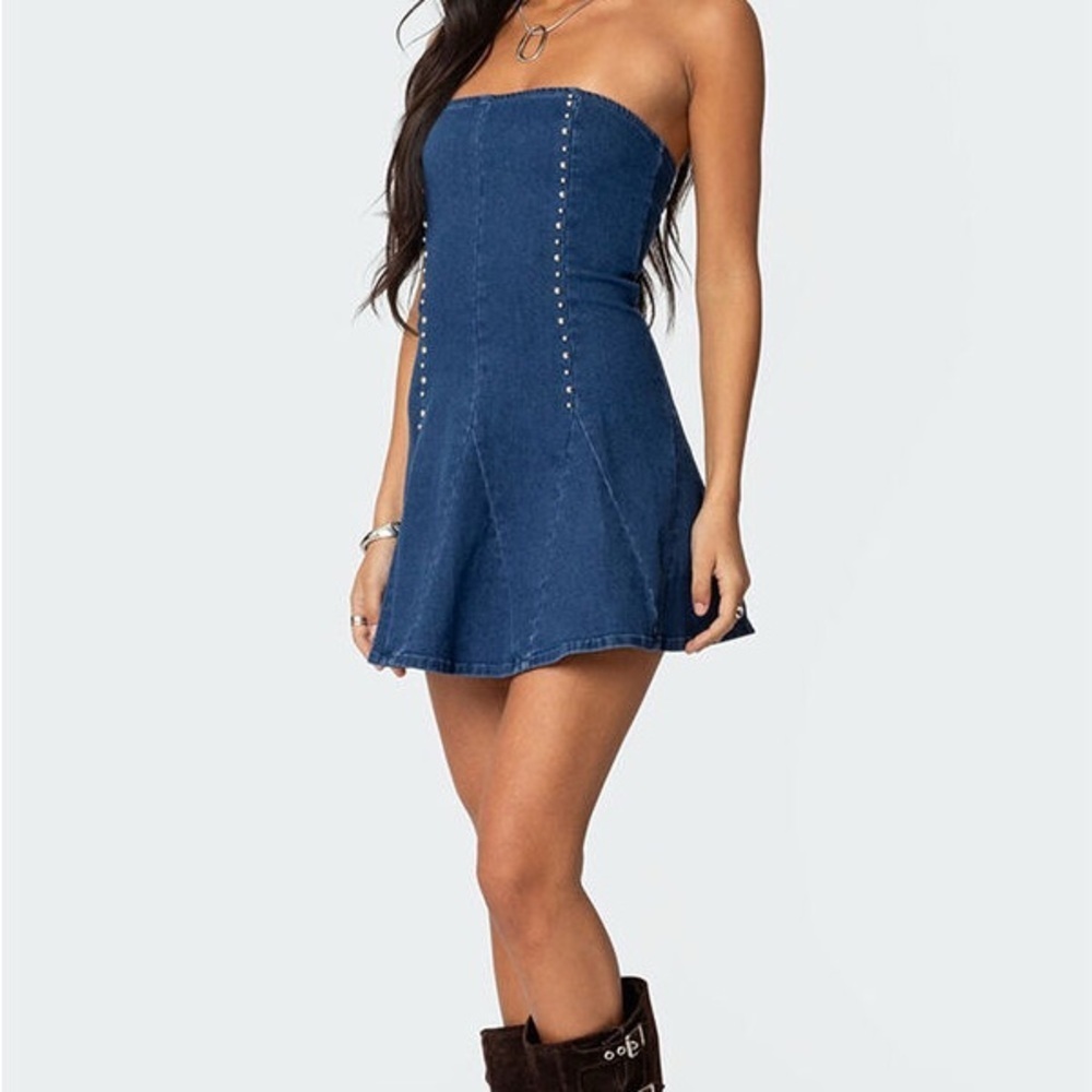 Edikted Fara Strapless Blue Jean Denim Mini Dress Size Medium